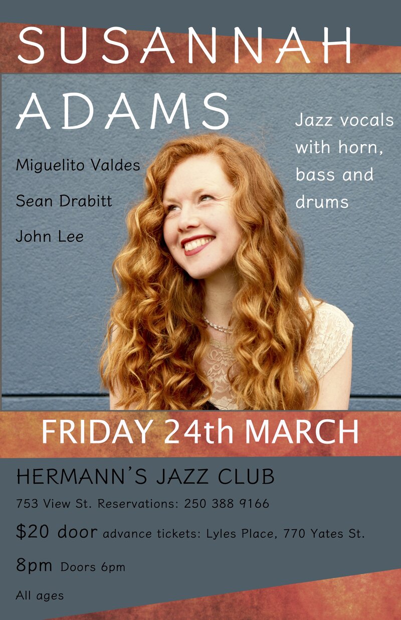 Susannah Adams, Sean Drabitt, Miguelito Valdes, John Lee @ Hermann's Jazz Club Mar 24 2017 - May 7th @ Hermann's Jazz Club
