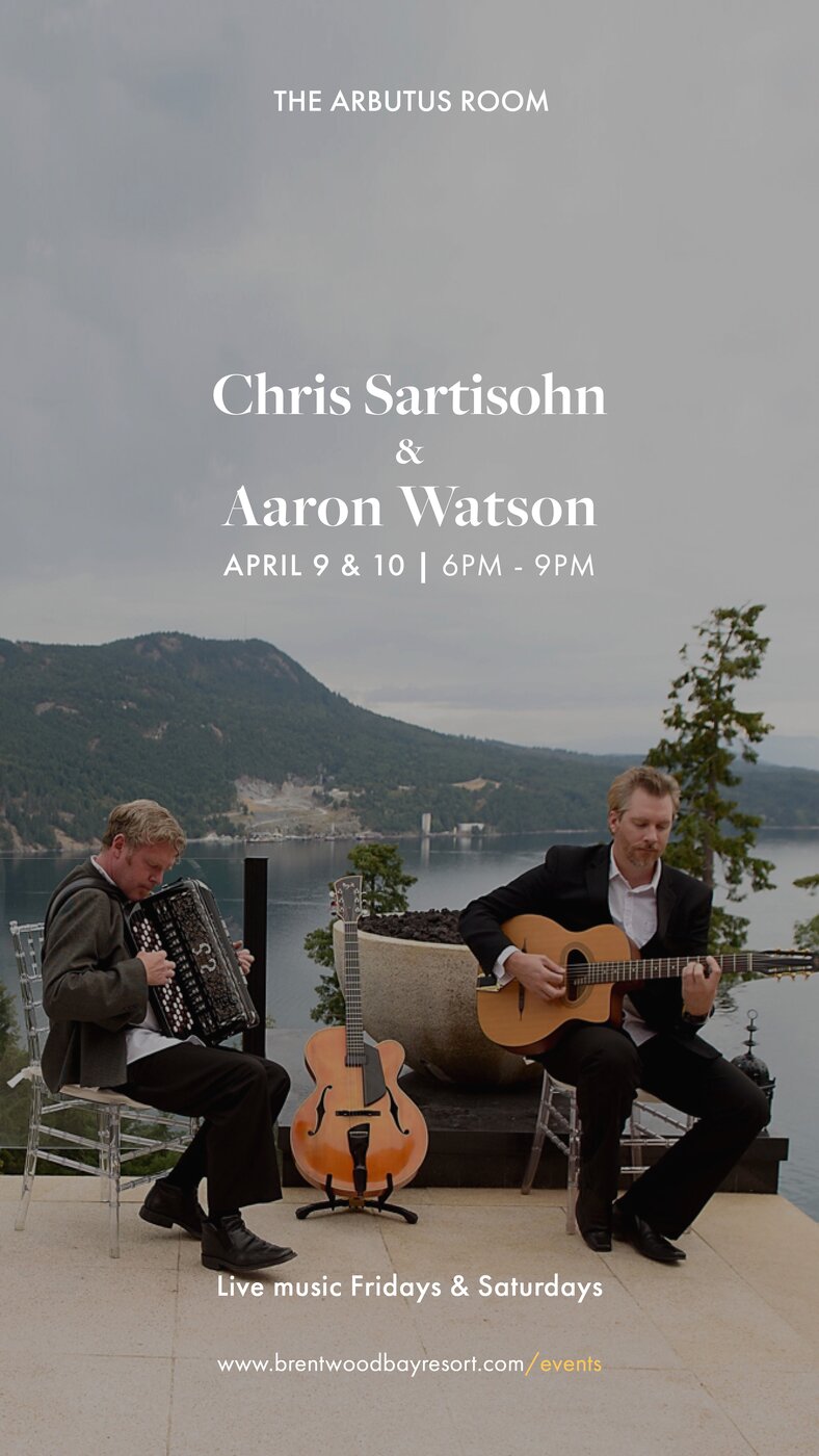 Cold Cut Combo live Hot Gypsy Jazz & Parisian Musette: Aaron Watson, Chris Sartisohn @ Brentwood Bay Resort And Spa Apr 10 2021 - May 8th @ Brentwood Bay Resort And Spa