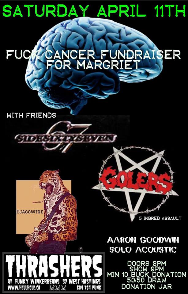 CHARLIE GOLER PRESENTS *HELP MARGRIET FIGHT CANCER FUND ~~: Sidesixtyseven, The Golers, Djagg Wire, AARON GOODWIN ACOUSTIC SET @ Funky Winker Beans Apr 11 2015 - May 7th @ Funky Winker Beans