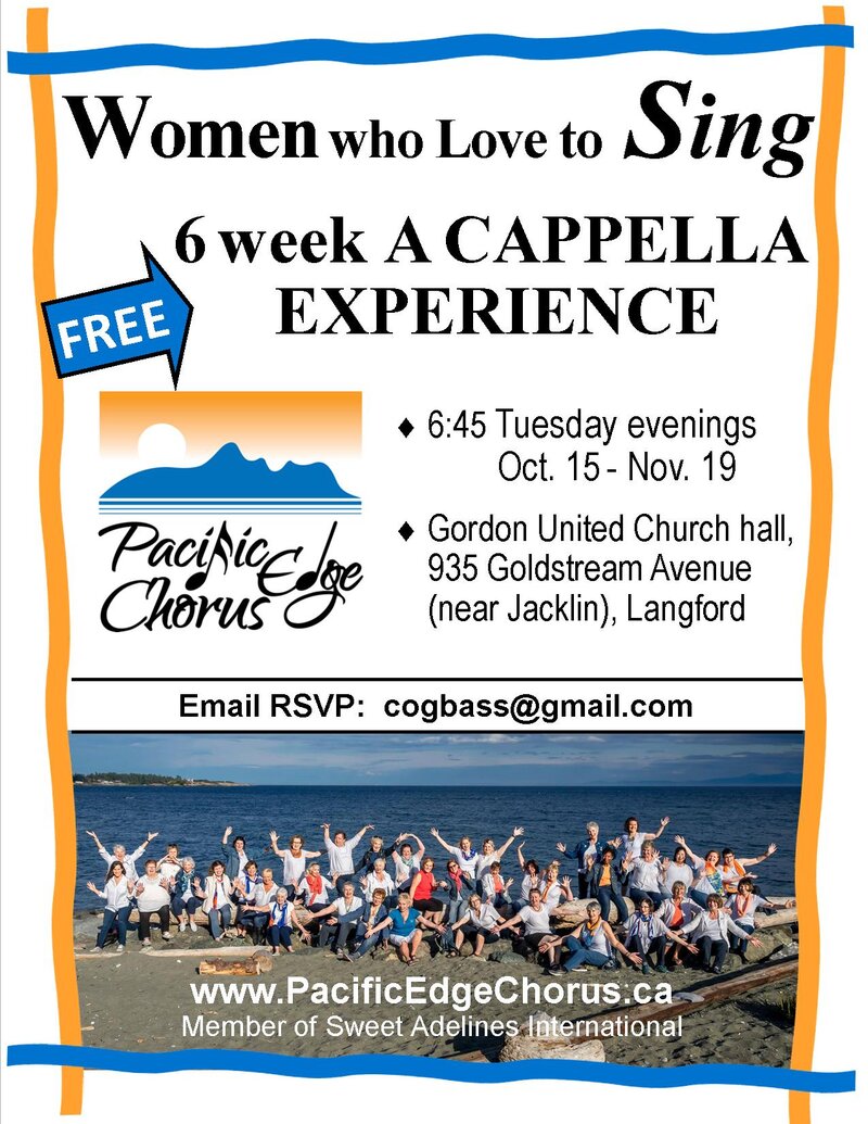 FREE 6 WEEK A CAPPELLA EXPERIENCE for WOMEN: PACIFIC EDGE CHORUS @ Gordon United Church Hall Oct 22 2019 - May 8th @ Gordon United Church Hall