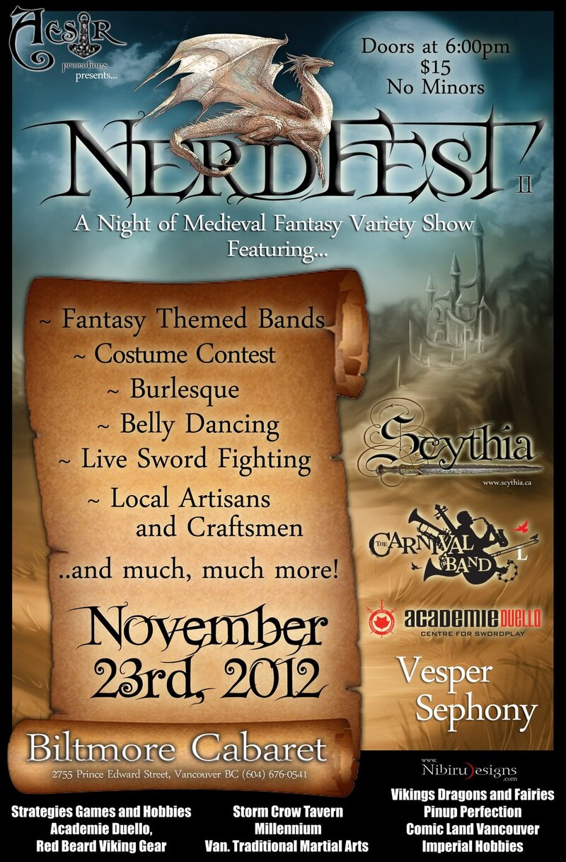 &ldquo;Nerd Fest: A Night of Medieval Fantasy&rdquo;: Scythia, Whiskeydicks, The Carnival Band, Mahafsoun, Precious Metals, Vesper Sephony, Academie Duello, +more @ The Biltmore Cabaret Nov 23 2012 - May 10th @ The Biltmore Cabaret