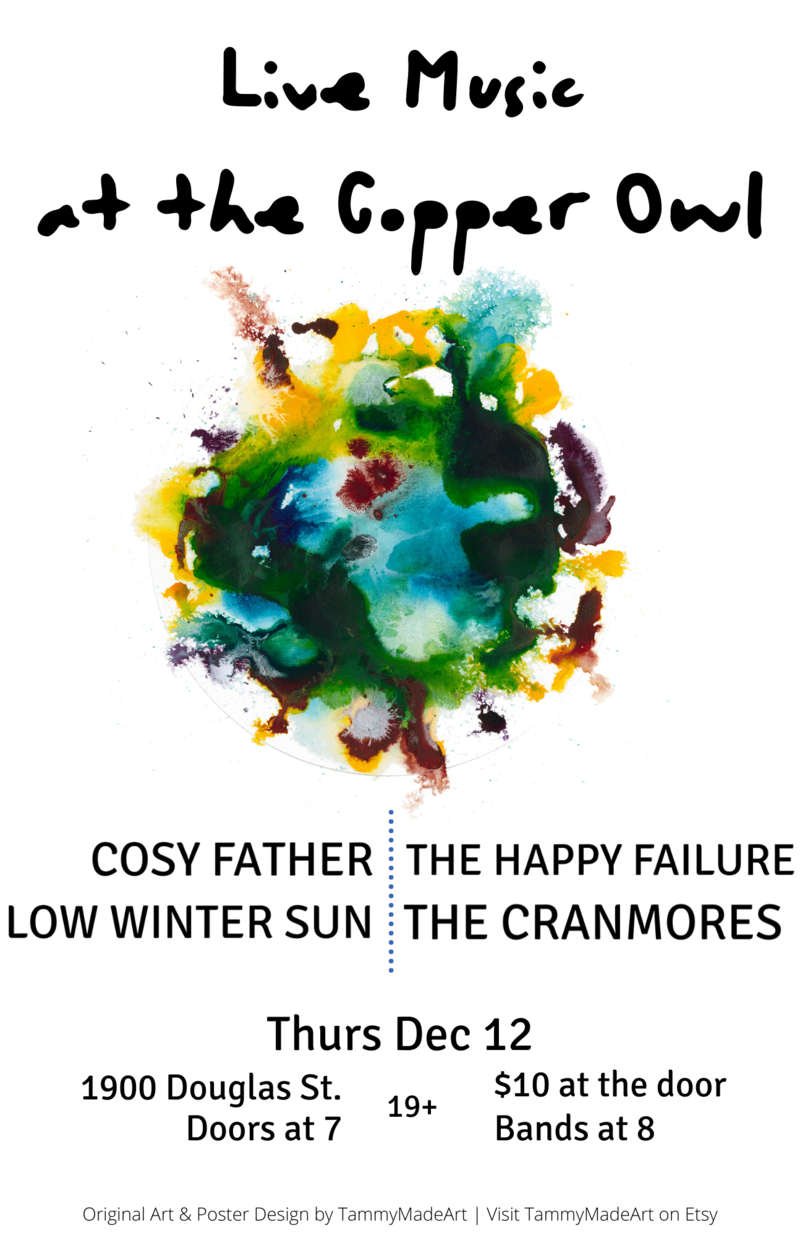 Four Live Victoria Bands!: Cosy Father, Low Winter Sun, Happy Failure, The Cranmores @ Copper Owl Dec 12 2019 - May 5th @ Copper Owl