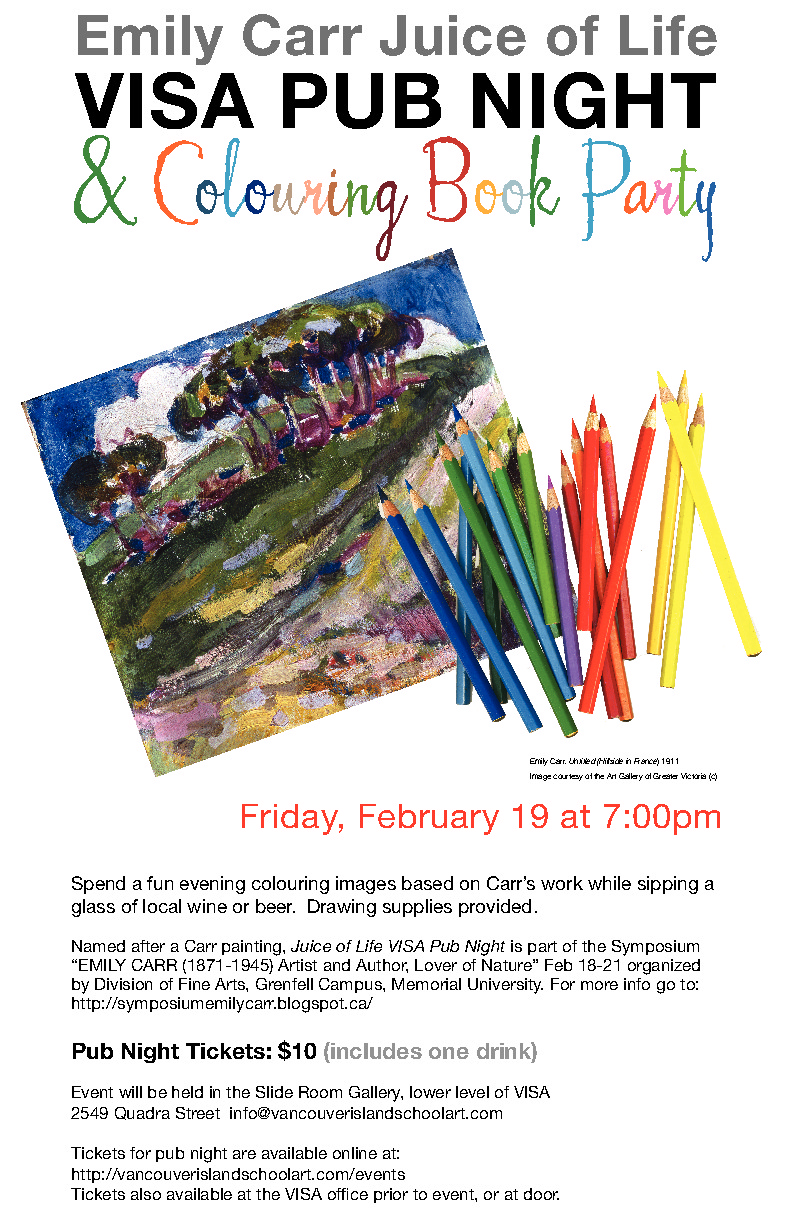 VISA Pub Night & Colouring Book Party @ Slide Room Gallery, lower level, Vancouver Island School of Art Feb 19 2016 - May 6th @ Slide Room Gallery, lower level, Vancouver Island School of Art