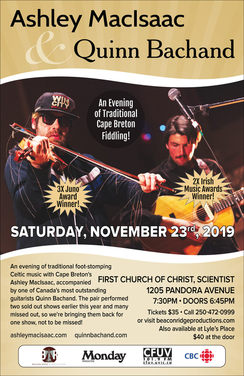3X Juno Award Winner: Ashley Macisaac, Quinn Bachand @ First Church of Christ, Scientist Nov 23 2019 - May 8th @ First Church of Christ, Scientist