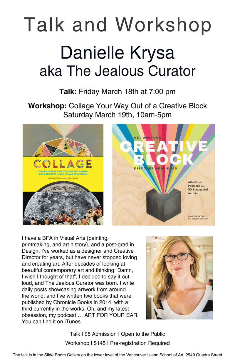 Artist Talk, Danielle Krysa, aka The Jealous Curator @ Slide Room Gallery, lower level, Vancouver Island School of Art Mar 18 2016 - May 6th @ Slide Room Gallery, lower level, Vancouver Island School of Art