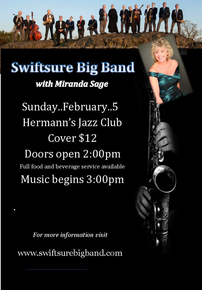 Swiftsure Big Band, Miranda Sage @ Hermann's Jazz Club Feb 5 2017 - May 16th @ Hermann's Jazz Club
