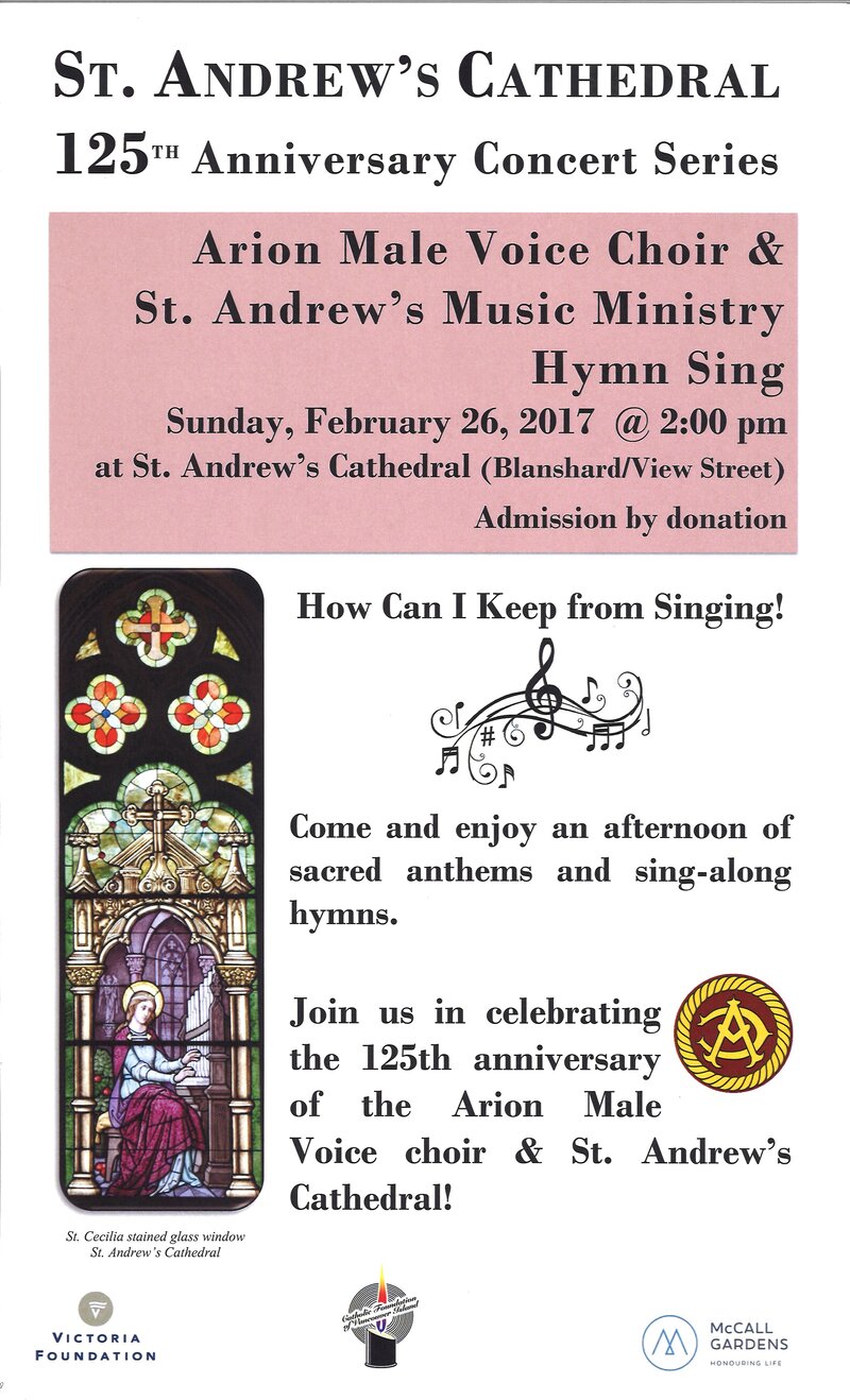 Victoria Arion Male Choir, St. Andrew's Music Ministry @ St. Andrews Presbyterian Church Feb 26 2017 - May 7th @ St. Andrews Presbyterian Church