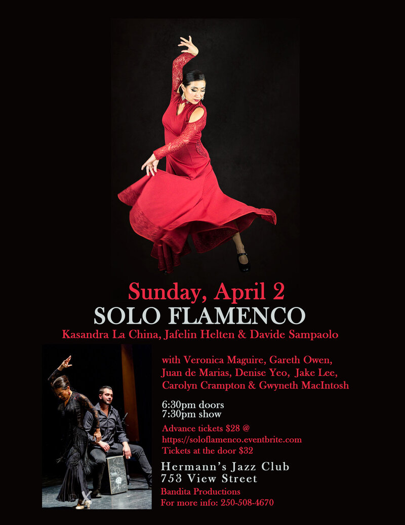 Solo Flamenco ~ Kasandra Flamenco & Local Guest Artists: Kasandra la China, Jafelin Helten, Davide Sampaolo , Gareth Owen, Jake Lee, Veronica Maguire, Juan de Marias, Gwyneth la Chispa MacIntosh, Denise Yeo, Carolyn Crampton @ Hermann's Jazz Club Apr 2 2017 - May 6th @ Hermann's Jazz Club