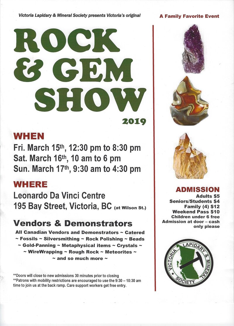 ROCK AND GEM SHOW: Victoria Lapidary and Mineral Society @ Leonardo da Vinci Centre Mar 16 2019 - May 7th @ Leonardo da Vinci Centre