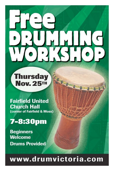 FREE Drumming Workshop: Hand Drum Rhythms, Jordan Hanson @ Fairfield United Church Nov 25 2010 - Jun 9th @ Fairfield United Church