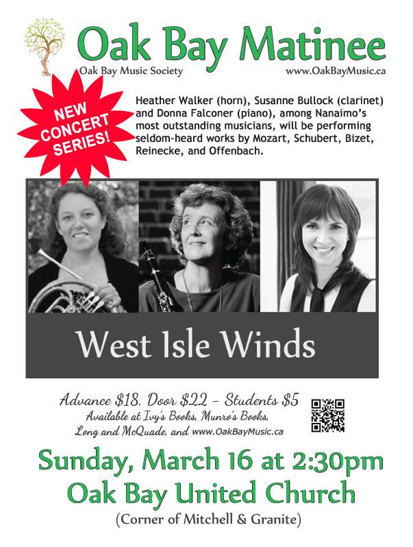 In Concert: West Isle Winds (from Nanaimo), with Heather Walker (horn), Susanne Bullock (clarinet) and Donna Falconer (piano): West Isle Winds, Heather Walker, Susanne Bullock, Donna Falconer @ Oak Bay United Church Mar 16 2014 - May 1st @ Oak Bay United Church