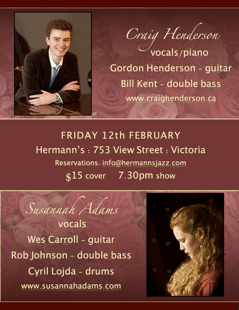 Valentine's Double Bill: Craig Henderson, Susannah Adams @ Hermann's Jazz Club Feb 12 2016 - May 7th @ Hermann's Jazz Club