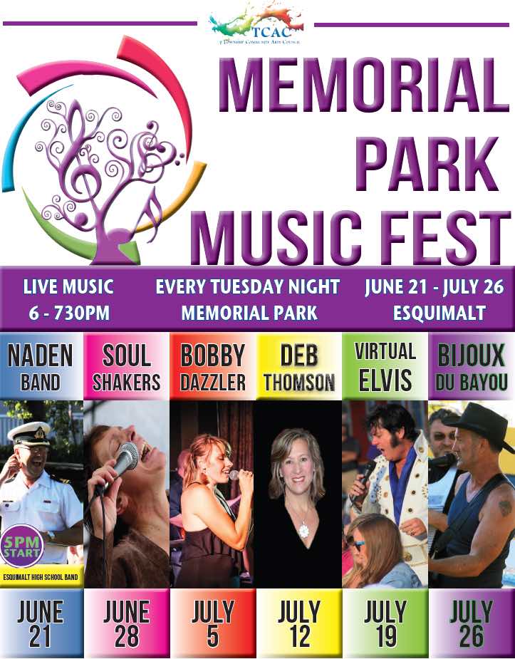 Naden Band, Bobby Dazzler, Soul Shakers, Deb Thomson, Virtual Elvis, Bijoux du Bayou, Esquimalt Highschool Band @ Esquimalt Arts Festival Jun 21 2016 - May 6th @ Esquimalt Arts Festival