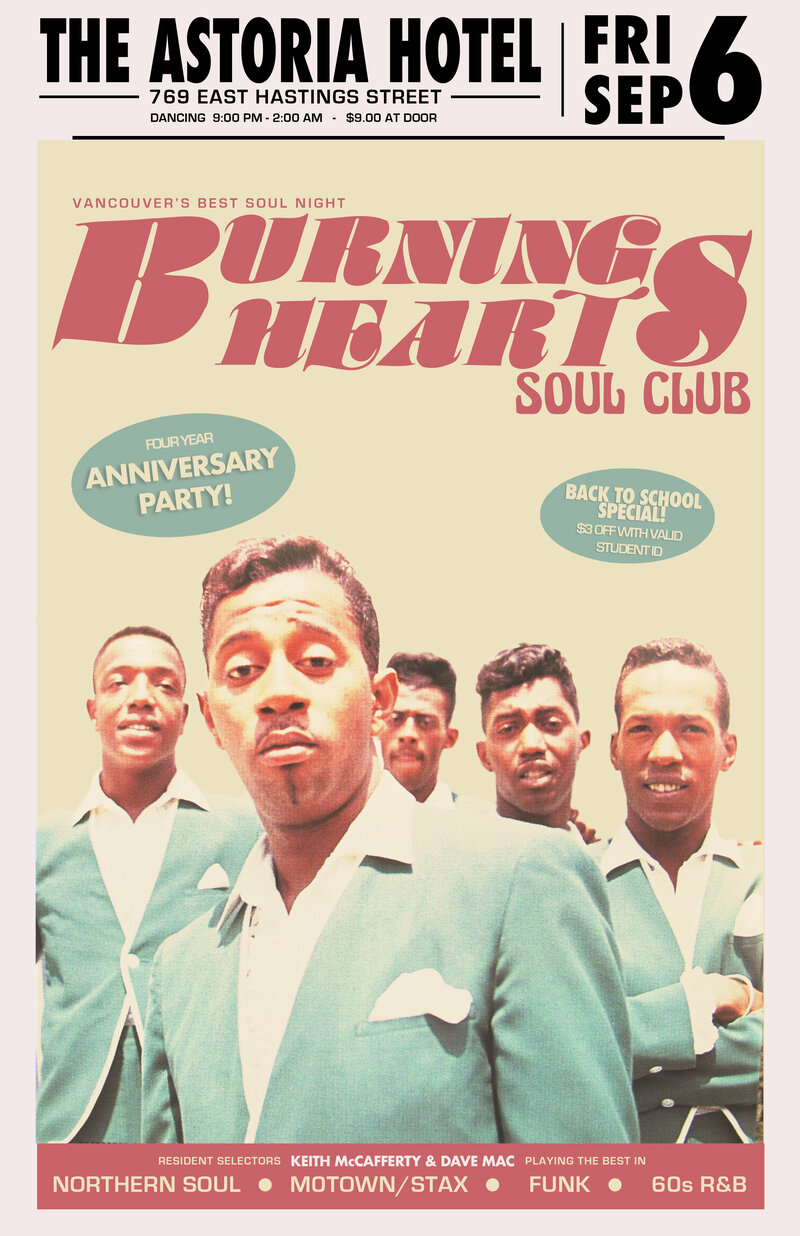 Soul Night Burning Hearts Soul Club 4 Year Anniversary ft Resident selectors Keith McCafferty & Dave Mac: Keith McCafferty , Dave Mac @ The Astoria Sep 6 2019 - May 6th @ The Astoria