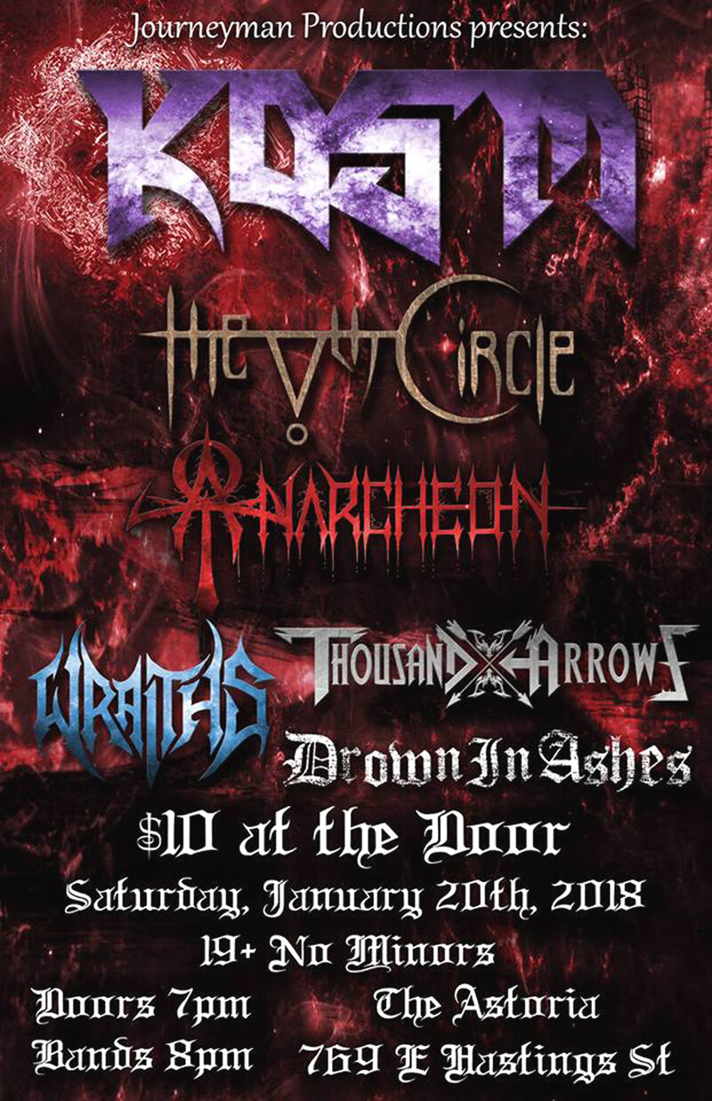 KOSM, THE VTH CIRCLE, anarcheon, WRAITHS, THOUSDAND ARROWS, DrownInAshes @ The Astoria Jan 20 2018 - May 13th @ The Astoria