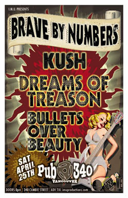 KILLER ALT ROCK SHOWCASE feat.: Brave By Numbers, Kush, Dreams of Treason, Bullets Over Beauty @ Pub 340 Apr 25 2009 - May 8th @ Pub 340