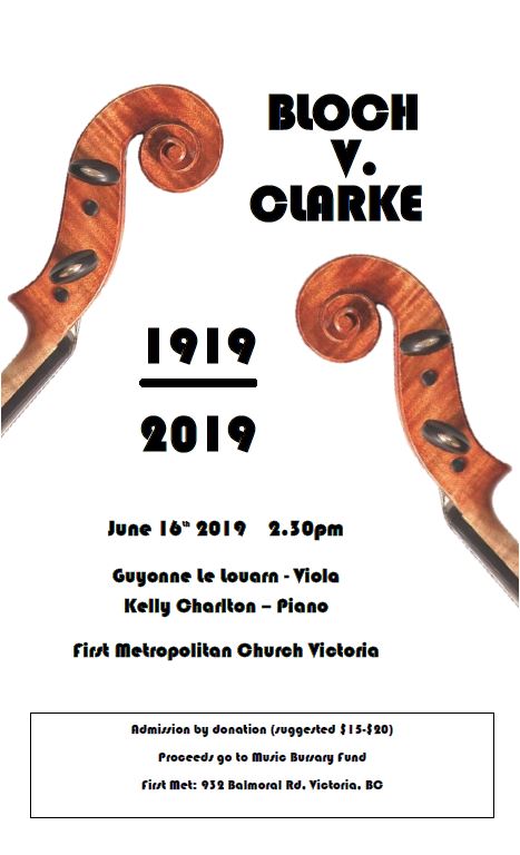 Duelling Composers:  Bloch vs. Clarke: guyonne Le Louarn, Kelly Charlton @ United Commons (First Metropolitan United Church) Jun 16 2019 - May 10th @ United Commons (First Metropolitan United Church)