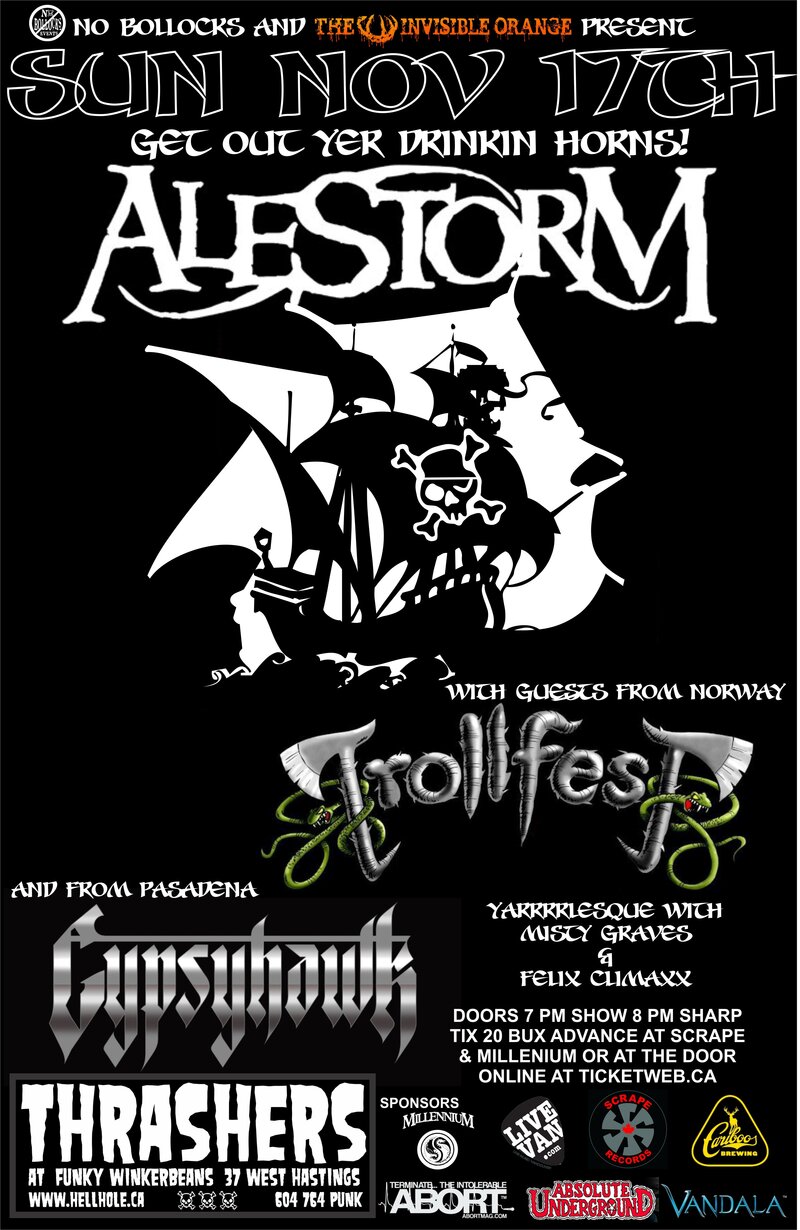 A NIGHT OF SWILLING PIRATES . GYPSIES AND TROLLS: Alestorm, TROLLFEST, Gypsyhawk,  YARRLESQUE WITH MISTY GRAVES & FELIX CLIMAXX @ Funky Winker Beans Nov 17 2013 - May 6th @ Funky Winker Beans