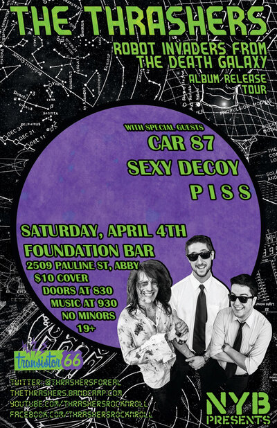 (Album Release Tour): THE THRASHERS (WPG), Car 87, Sexy Decoy, P I S S  @ Foundation Bar Apr 4 2015 - May 6th @ Foundation Bar