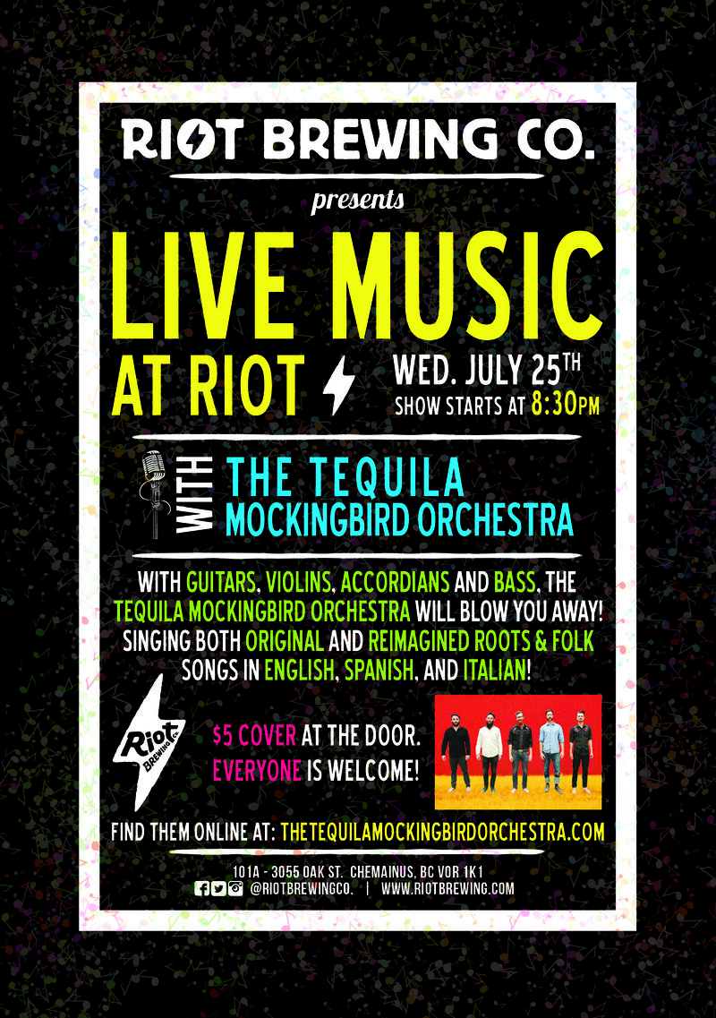 Tequila Mockingbird Orchestra @ Riot Brewing Co. Jul 25 2018 - May 13th @ Riot Brewing Co.