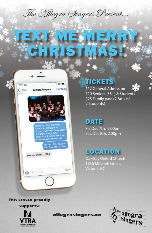 The Allegra Singers - Text Me Merry Christmas @ Oak Bay United Church Dec 8 2018 - May 7th @ Oak Bay United Church
