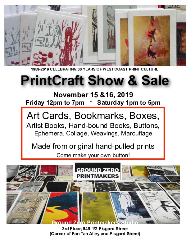 PrintCraft Show & Sale, Art Cards, Bookmarks...: Avis Rasmussen, Barbara Tolloczko, Rhonda Lee Usipiuk, Cindy Wright, Victoria Edgarr, Alain Costaz, Heather Atkinson @ Ground Zero Printmakers Studio GZPS Nov 16 2019 - May 5th @ Ground Zero Printmakers Studio GZPS