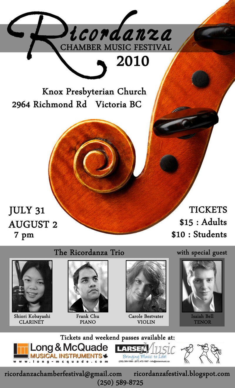 Ricordanza Trio, Shiori Kobayashi , Frank Chu , Carole Bestvater , Isaiah Bell  @ Knox Presbyterian Church Aug 2 2010 - May 7th @ Knox Presbyterian Church