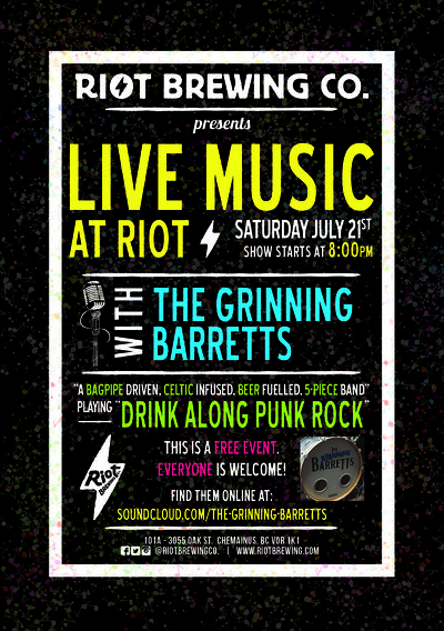 The Grinning Barretts ft. Kush: The Grinning Barretts, Kush @ Riot Brewing Co. Jul 7 2018 - May 7th @ Riot Brewing Co.