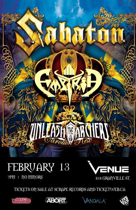 Sabaton, Empyria, Unleash The Archers @ Venue Feb 13 2013 - Apr 30th @ Venue