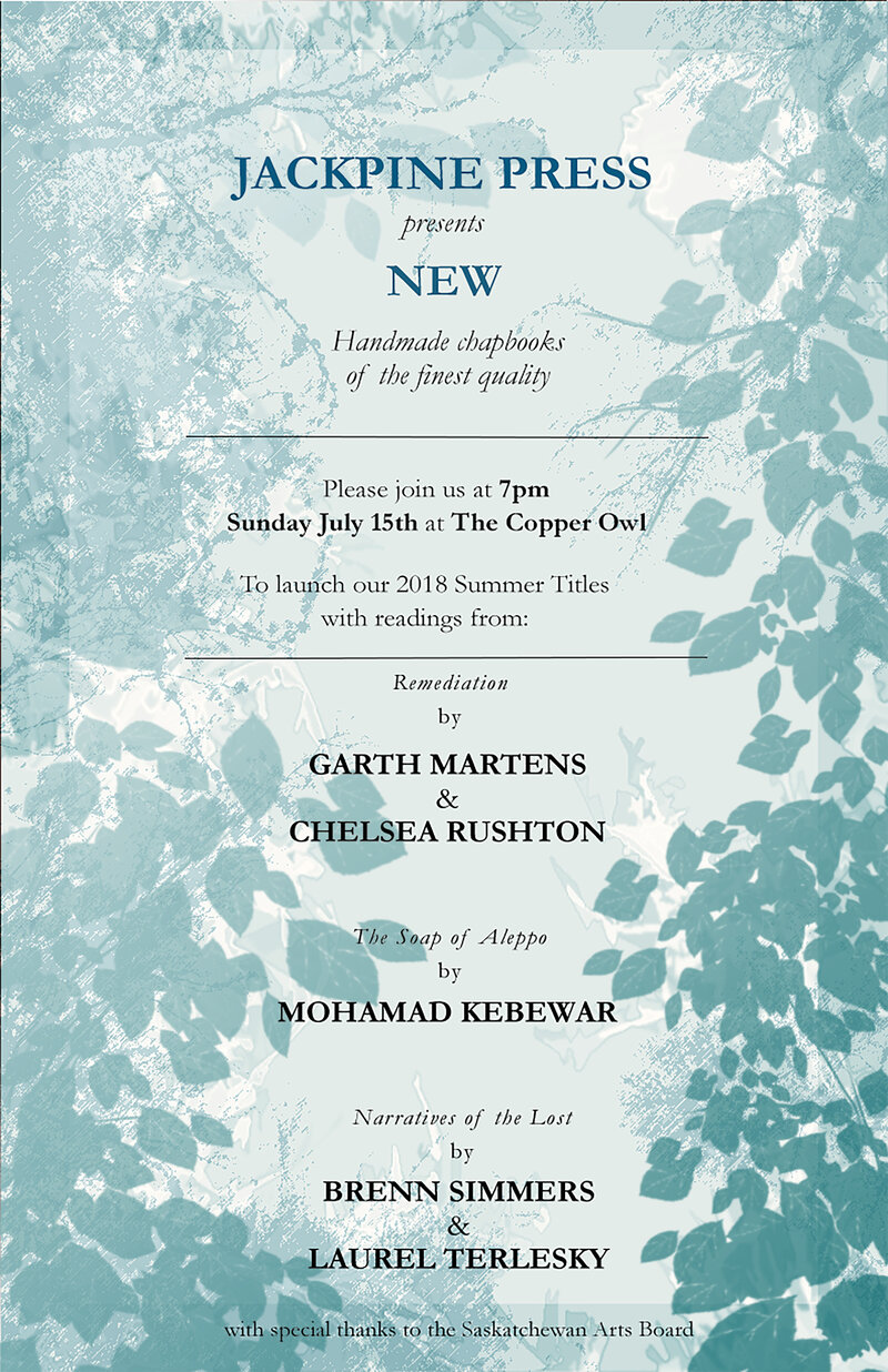 JackPine Summer Book Launch: Garth Martens, Bren Simmers, Mohammad Kebbewar @ Copper Owl Jul 15 2018 - May 6th @ Copper Owl