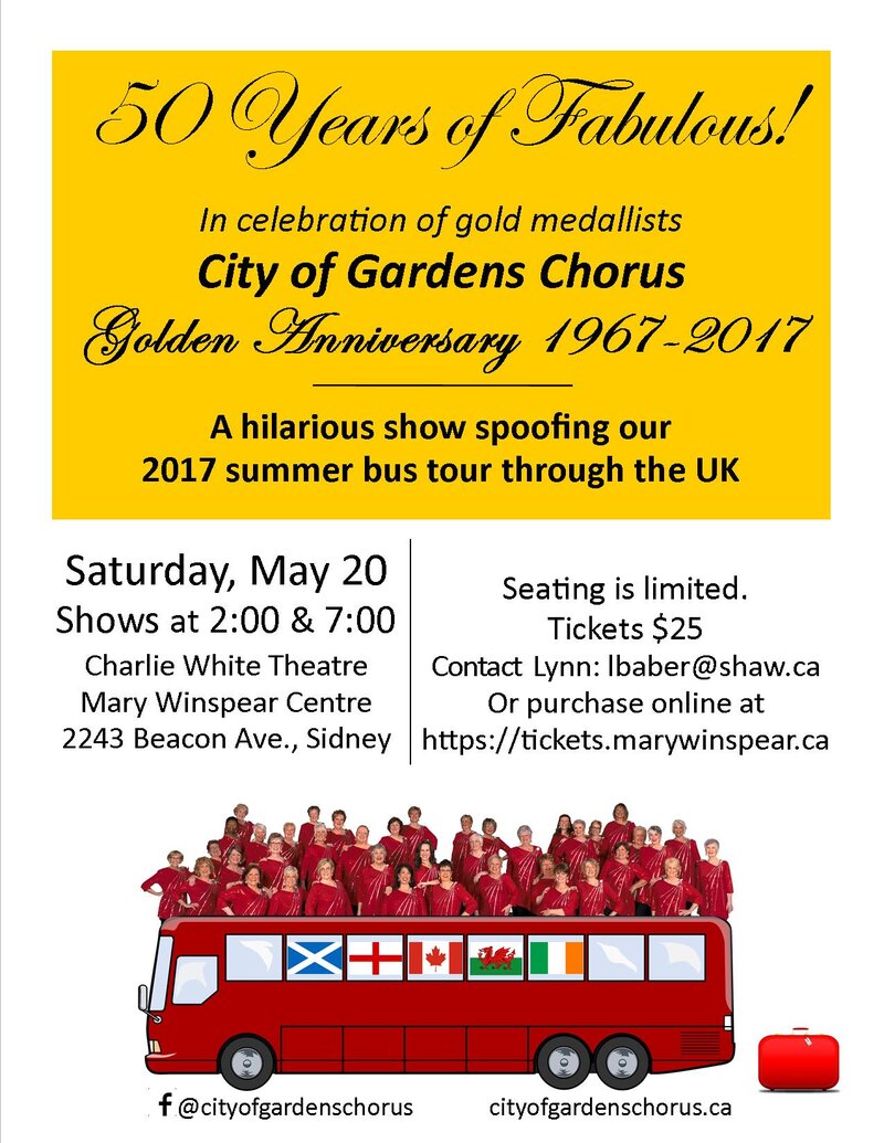 50 YEARS OF FABULOUS! ~ a hilarious musical show: City of Gardens Chorus @ Charlie White Theatre, Mary Winspear Centre, 2243 Beacon Avenue May 20 2017 - May 7th @ Charlie White Theatre, Mary Winspear Centre, 2243 Beacon Avenue