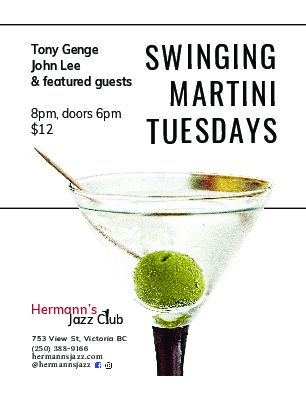 Hermann's Swinging Martini Tuesdays: Tony Genge, John Lee, Kelby McNayr @ Hermann's Jazz Club Jan 30 2018 - May 8th @ Hermann's Jazz Club