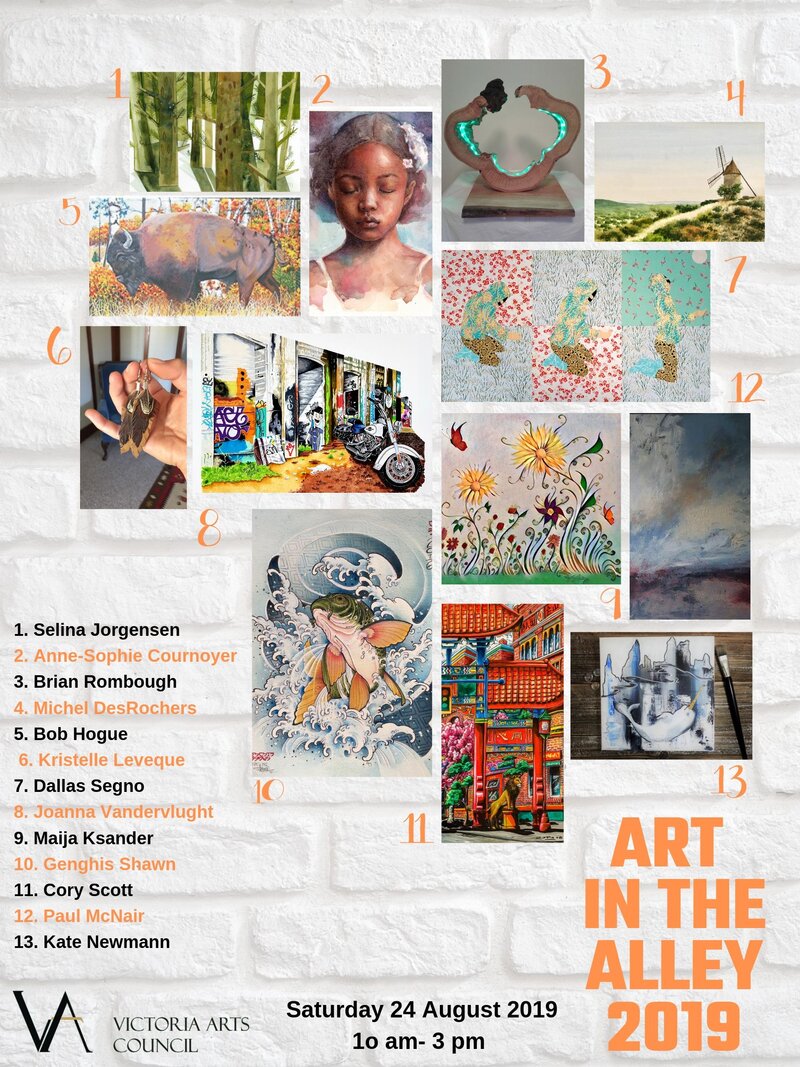 ART IN THE ALLEY 2019: Selina Joergensen, Anne-Sophie Cournoyer, Brian Rombough, Michel Des Rochers, Bob Hogue, Kristelle Leveque, Dallas Segno, Joanna Vandervlught, Maija Ksander, Genghis Shawn, Cory Scott, Paul McNair, Kate Newmann @ Dragon Alley Aug 24 2019 - May 7th @ Dragon Alley