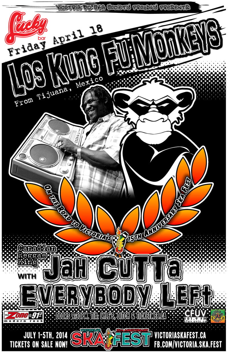 THE RETURN OF LOS KUNG FU MONKEYS (TIJUANA, MEXICO) w/JAH CUTTA & EVERYBODY LEFT! - On the Road to Victoria's 15th Anniversary Ska Festival!: Los Kung Fu Monkeys , Jah Cutta and The Determination Band, Everybody Left @ Lucky Bar Apr 18 2014 - May 9th @ Lucky Bar