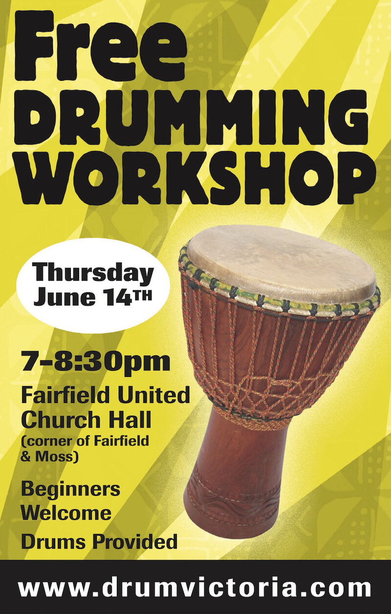 FREE DRUMMING WORKSHOP @ Fairfield United Church Jun 14 2018 - May 6th @ Fairfield United Church