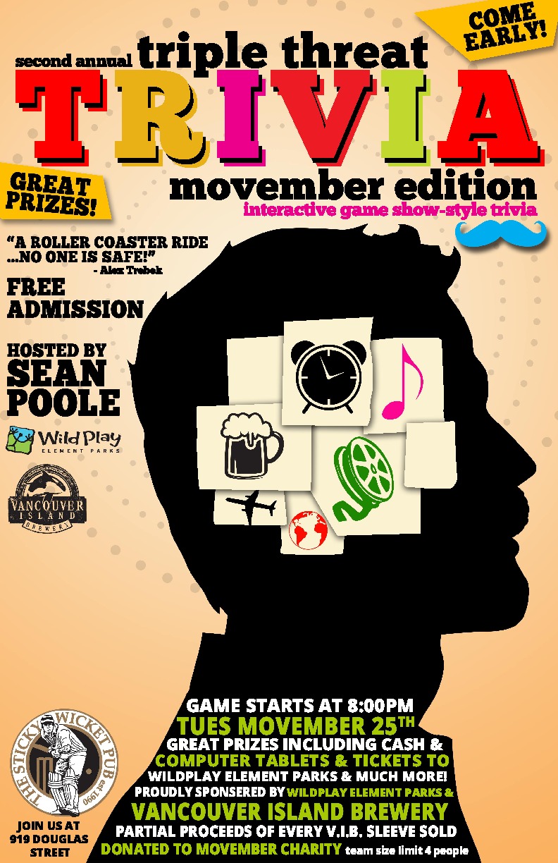Triple Threat Trivia! 2nd Annual Movember Edition hosted by: SEAN POOLE @ The Clubhouse Nov 25 2014 - May 6th @ The Clubhouse