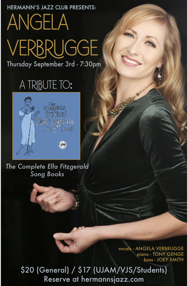Tribute to the Ella Fitzgerald Song Book: Angela Verbrugge, Joey Smith, Tony Genge @ Hermann's Jazz Club Sep 3 2020 - May 9th @ Hermann's Jazz Club