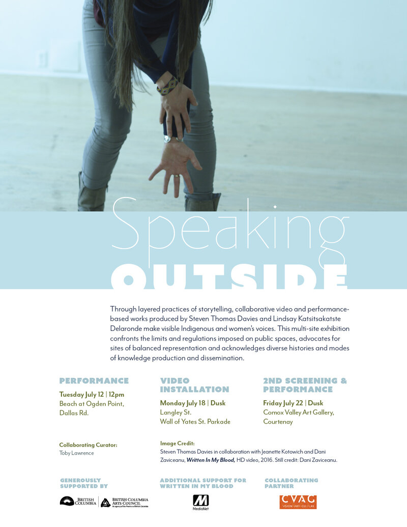 Speaking Outside (Video Installation) WRITTEN IN MY BLOOD: Steven Thomas Davies, Jeanette Kotowich , Dani Zaviceanu, Dean Hunt @ Langley St. @ Yates St. Dec 31 1969 - May 12th @ Langley St. @ Yates St.