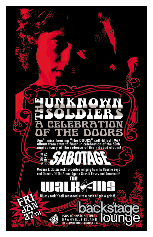 The Doors 50th Anniversary Celebration!: The Unknown Soldiers, SABOTAGE, The Walk-Ins @ Backstage Lounge Jan 27 2017 - May 12th @ Backstage Lounge