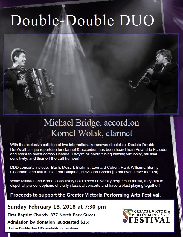 Double-Double Duo Concert: Michael Bridge, Kornel Wolak @ First Baptist Church Feb 18 2018 - May 6th @ First Baptist Church