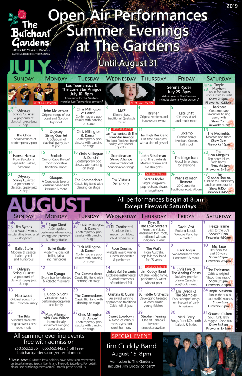 Summer Entertainment at The Butchart Gardens @ Butchart Gardens Aug 8 2019 - May 6th @ Butchart Gardens