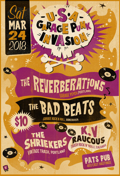 USA Garage Punk Invasion!!: The Reverberations (Portland), The Bad Beats, The Shriekers (Portland), K.V. Raucous @ Pat's Pub Mar 24 2018 - May 6th @ Pat's Pub
