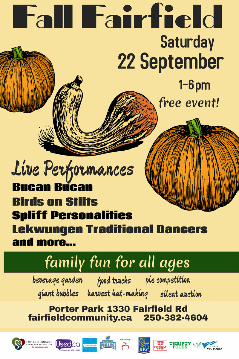 Fall Fairfield in Porter Park: Bučan Bučan, Birds on Stilts, The Spliff Personalities, Lekwungen Traditional Dancers @ Fairfield Gonzales Community Association Sep 22 2018 - May 6th @ Fairfield Gonzales Community Association