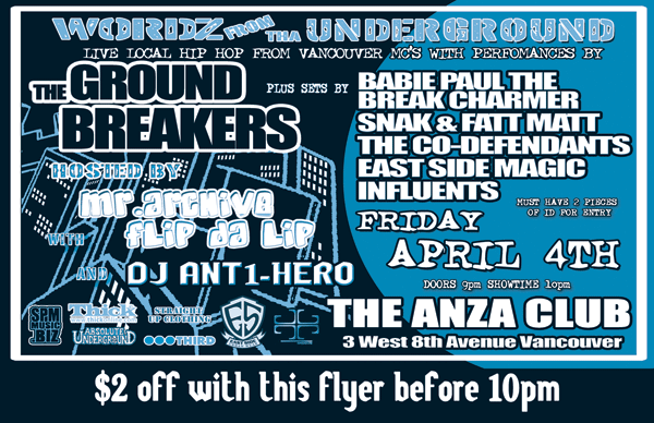 WORDZ FROM THA UNDERGROUND: Groundbreakers, Babie Paul The Break Charmer, Snak & Fatt Matt, The Co-Defendants, East Side Magic, influents @ The Anza Club Apr 4 2008 - May 6th @ The Anza Club