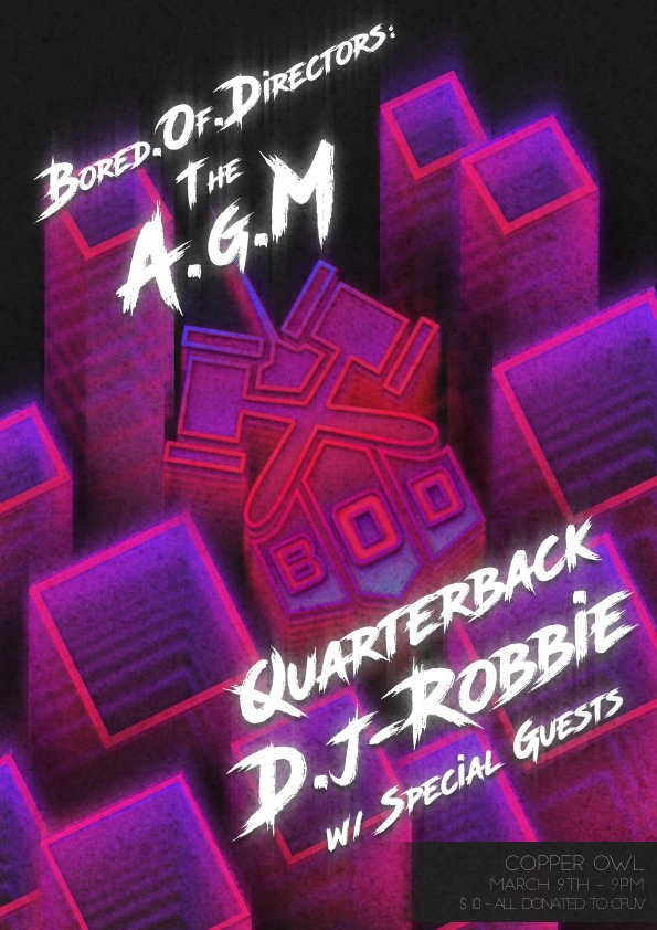 BoD AGM &bull; CFUV Fundraiser: Quarterback, DJ Robbie @ Copper Owl Mar 9 2019 - May 8th @ Copper Owl