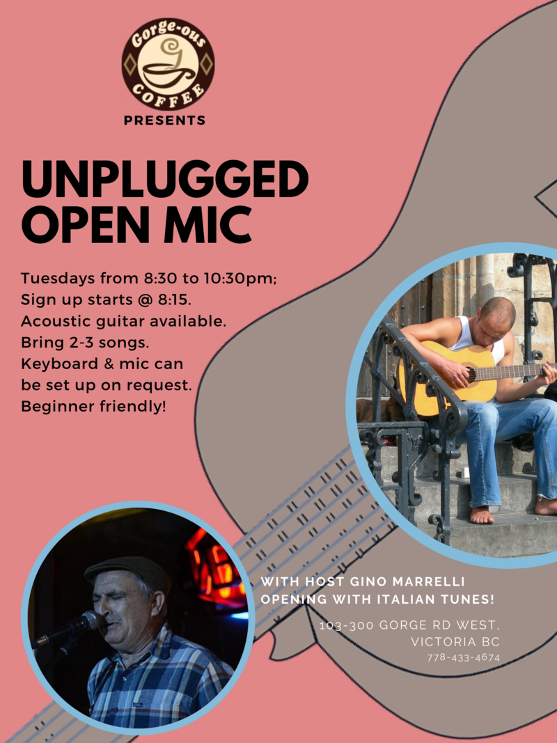 Unplugged Open Mic: Gino Marrelli (Host) @ Gorge-ous Coffee Dec 10 2019 - May 6th @ Gorge-ous Coffee