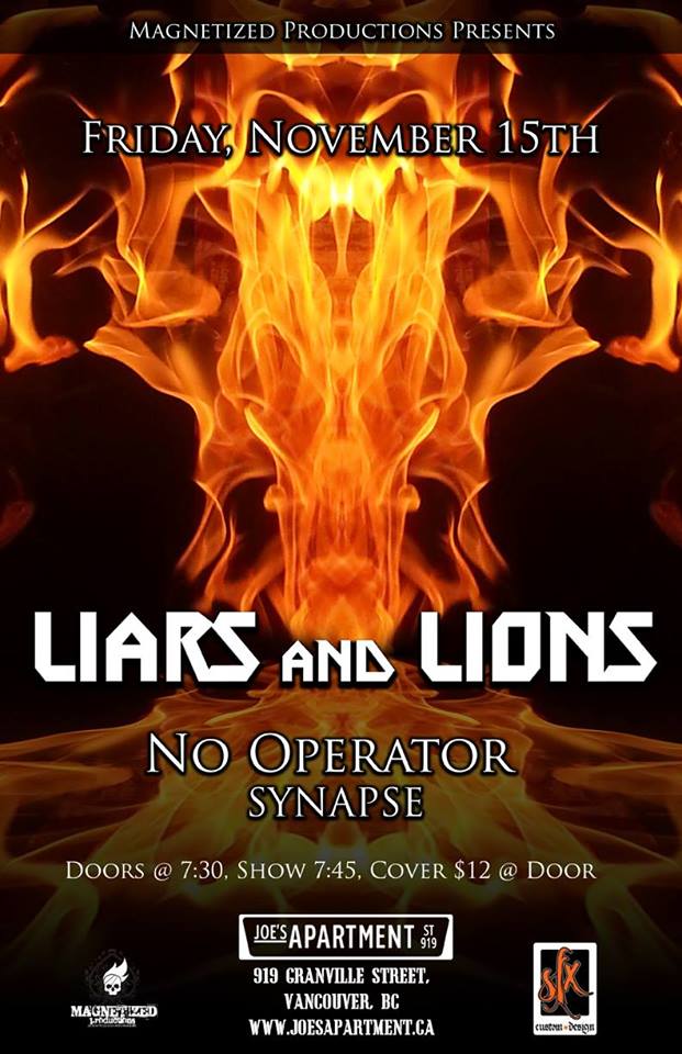 7:30 EARLY SHOW!: Liars and Lions, No Operator, SYN{A}PSE @ Joe's Apartment Nov 15 2013 - May 7th @ Joe's Apartment