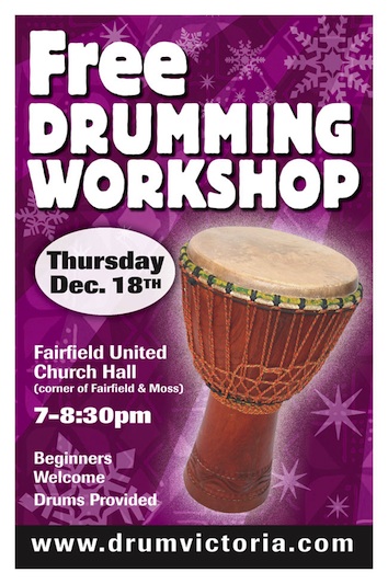 Free Drumming Workshop and Christmas Party! @ Fairfield United Church Dec 18 2014 - May 6th @ Fairfield United Church