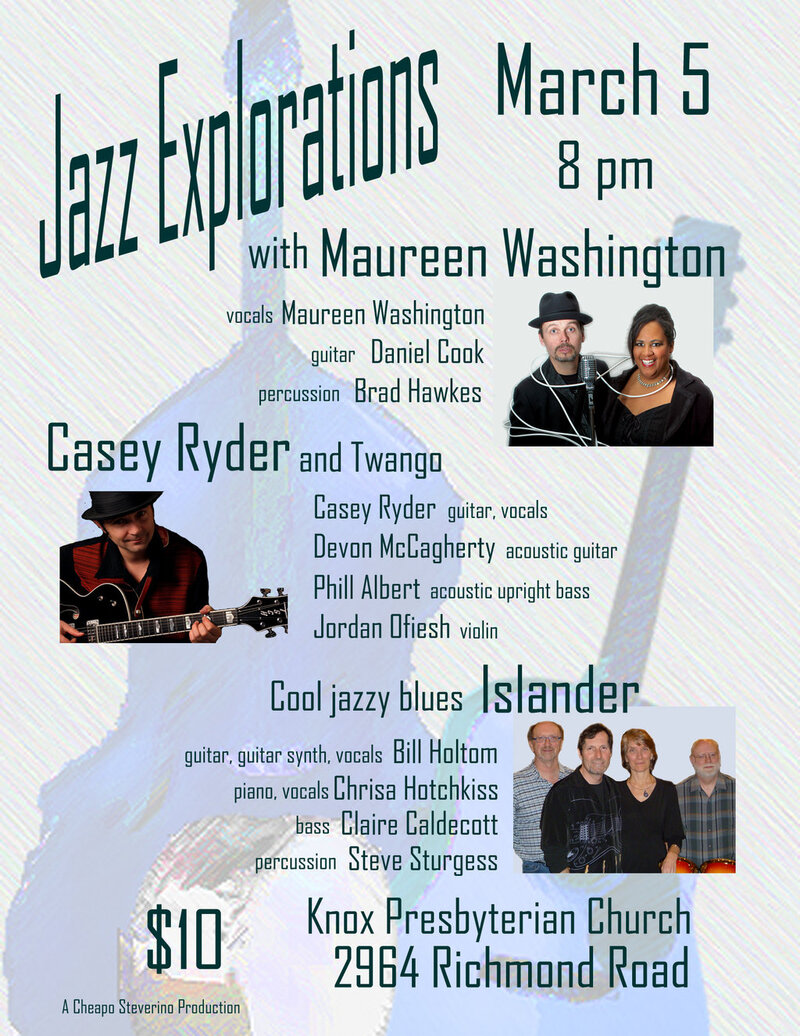 Maureen Washington, Daniel Cook, Casey Ryder, Twango, Islander - Victoria, Unlinked Musician @ Knox Presbyterian Church Mar 5 2011 - May 6th @ Knox Presbyterian Church