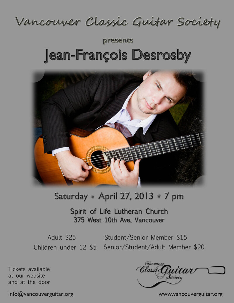 Classical Guitar Recital: Jean-Francois Desrosby @ Spirit of Life Lutheran Church Apr 27 2013 - May 7th @ Spirit of Life Lutheran Church